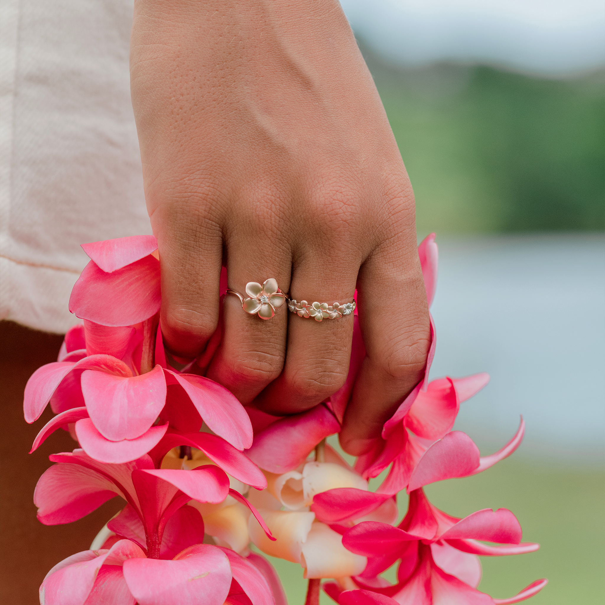 Plumeria Ring in Tri Color Gold with Diamonds - 6mm