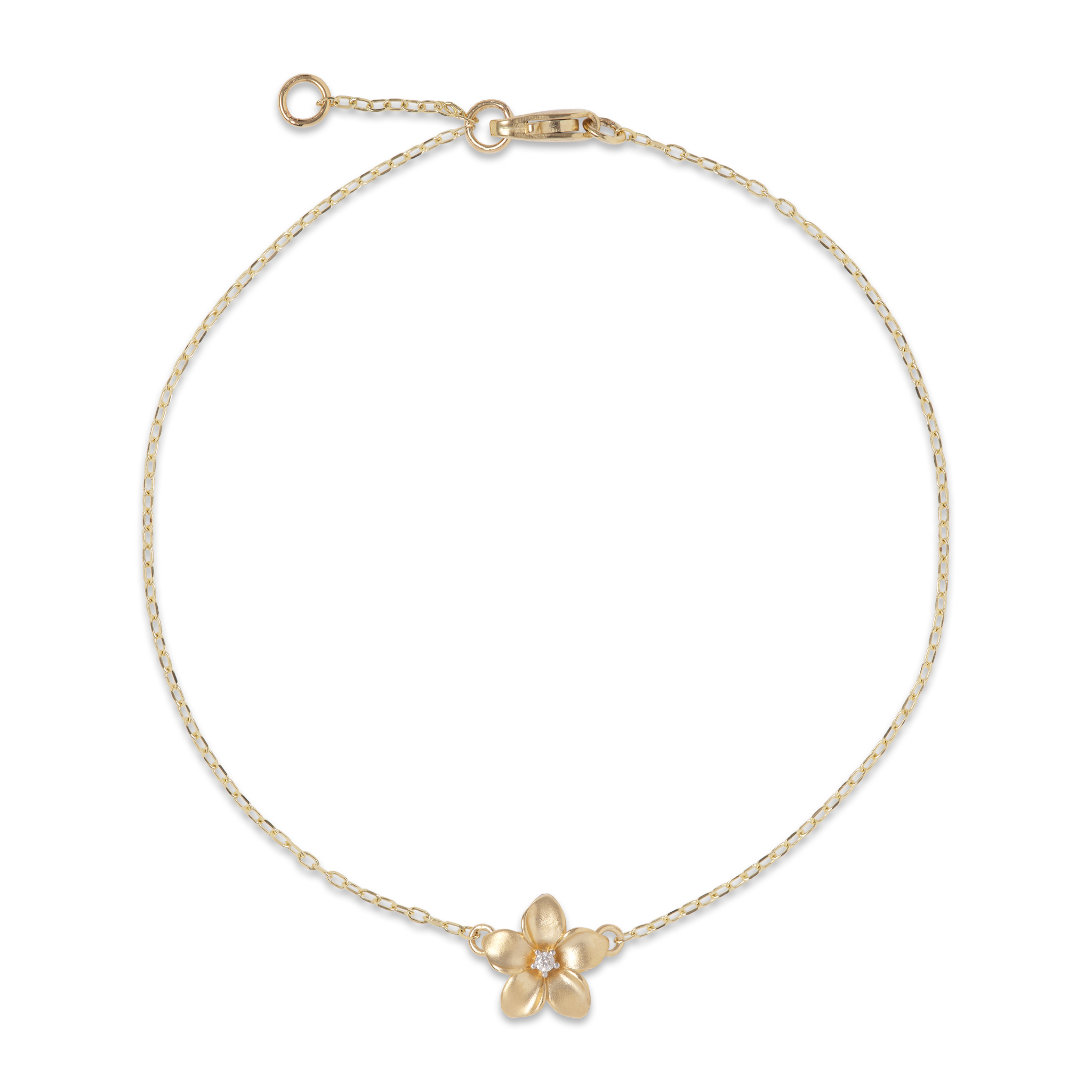 Adjustable 7-7.5" Plumeria Bracelet in Gold with Diamond - 9mm
