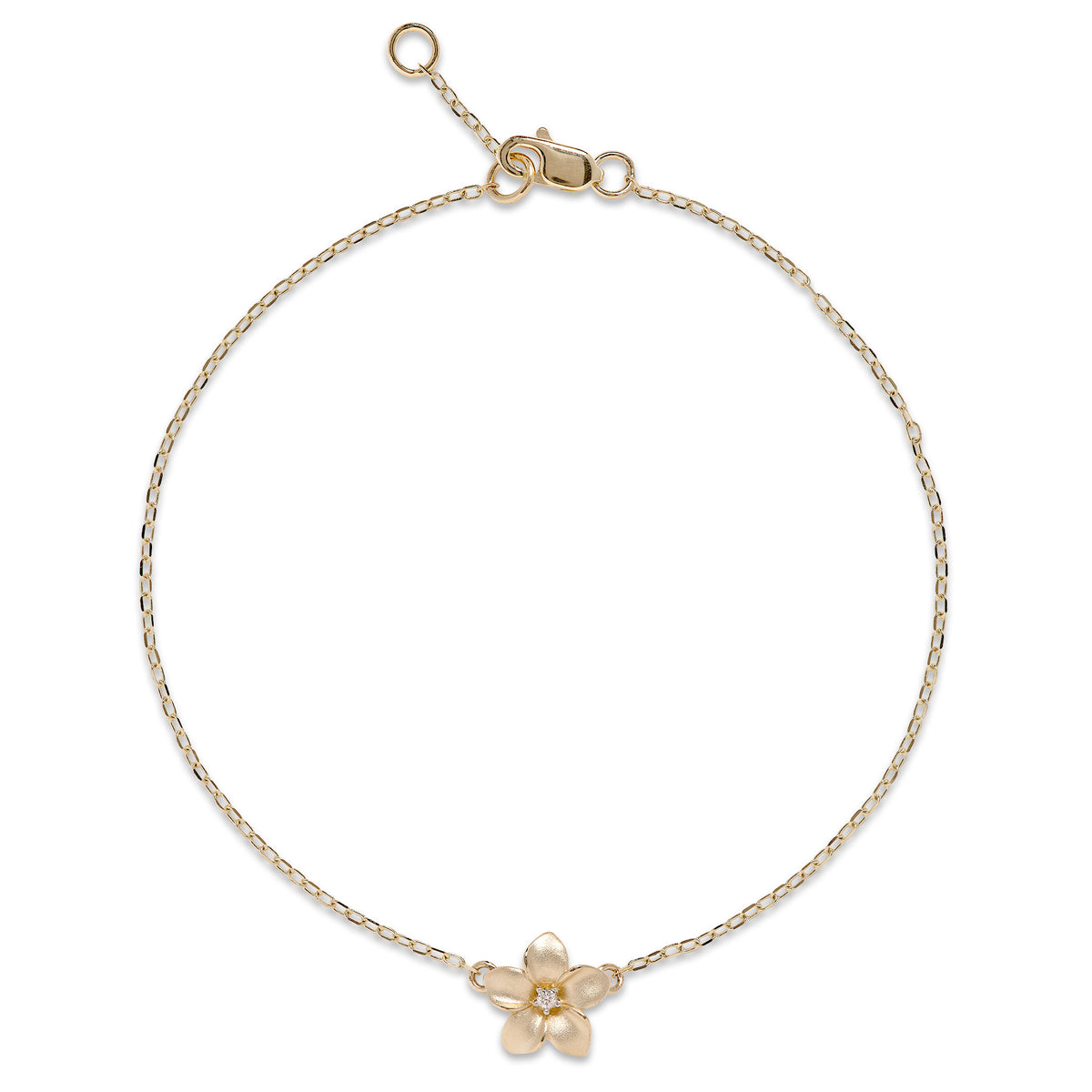 A 14k yellow gold chain bracelet with a 9mm diamond-accented plumeria, adjustable chain, and lobster claw clasp, shown on a white background
