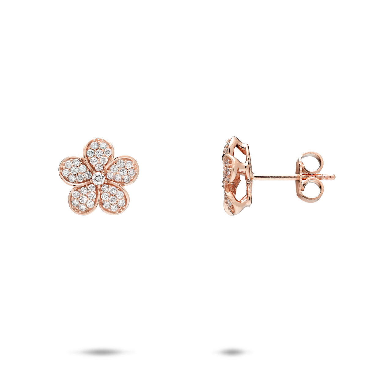 A pair of 11mm 14k rose gold páve diamond plumeria flower stud earrings with a front and side view with the butterfly backing, shown on a white background