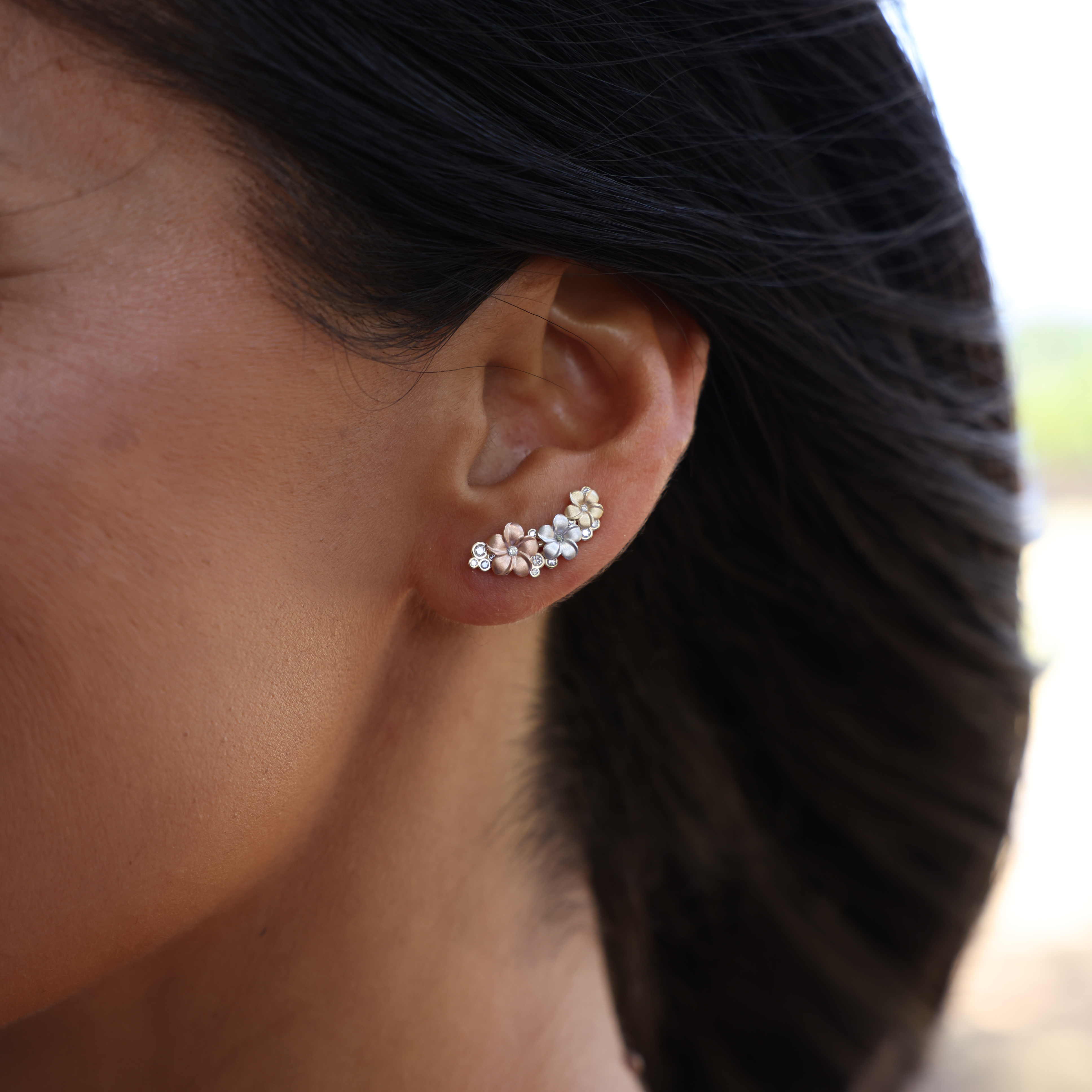 Plumeria Climber Climber Earrings in Tri Color Gold with Diamonds