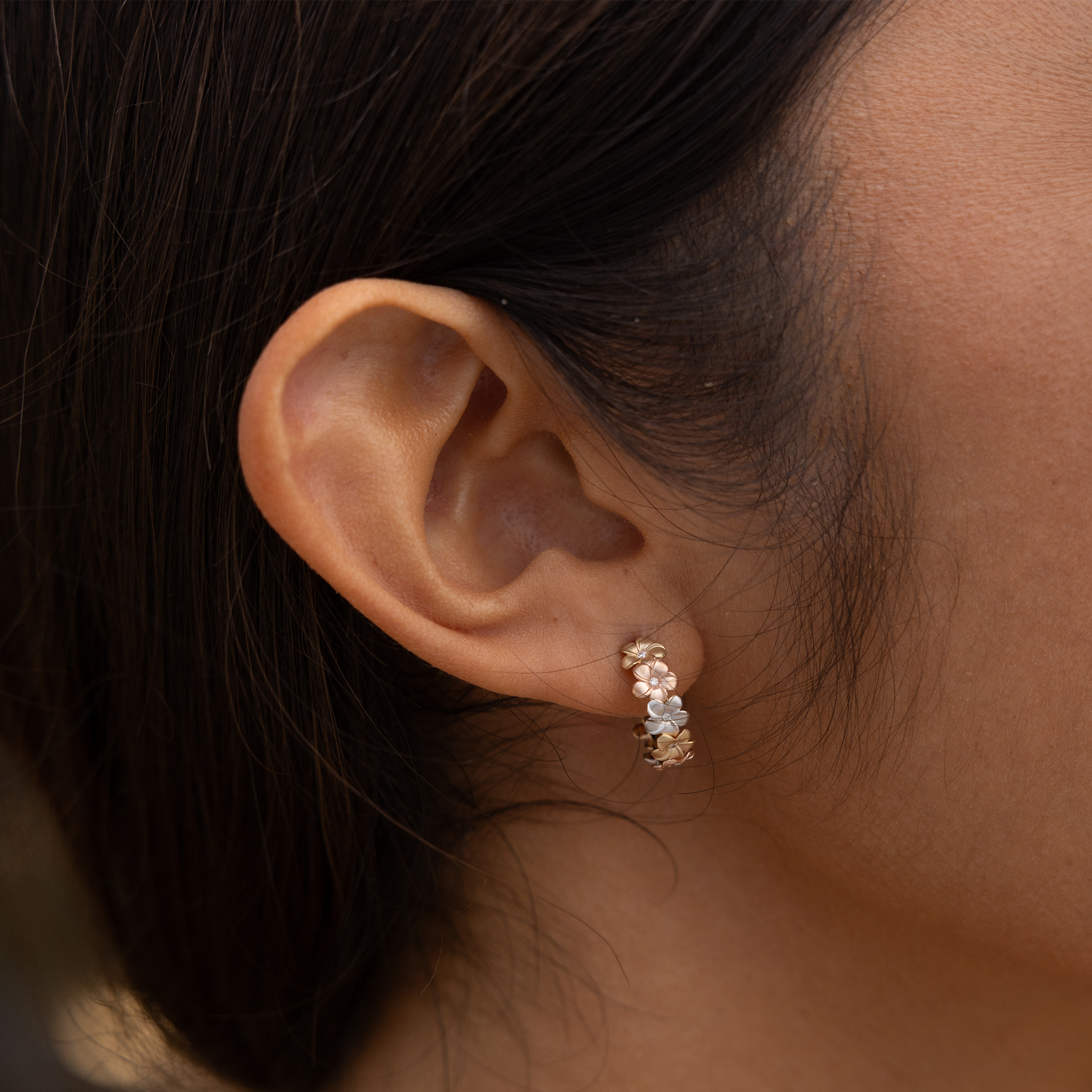 Plumeria Hoop Earrings in Tri Color Gold with Diamonds