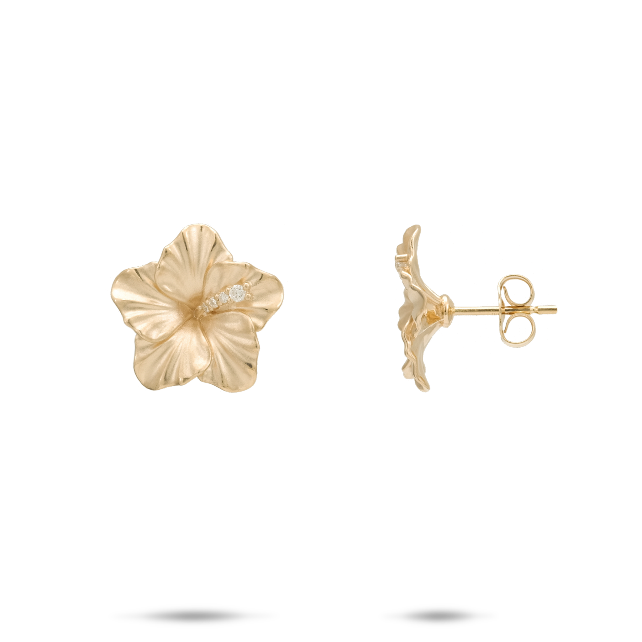 Hawaiian Gardens Hibiscus Earrings in Gold with Diamonds - 14mm