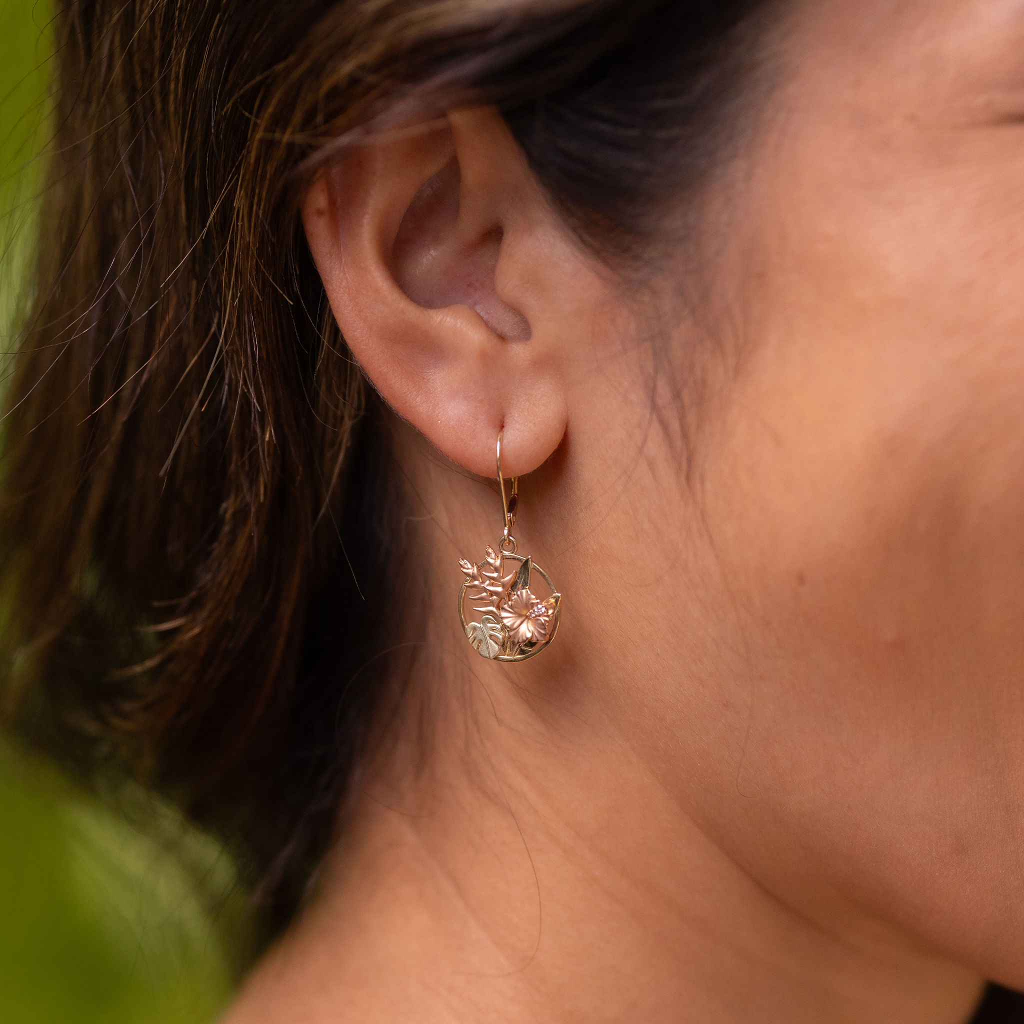 Hawaiian Gardens Hibiscus Earrings in Tri Color Gold with Diamonds - 15mm