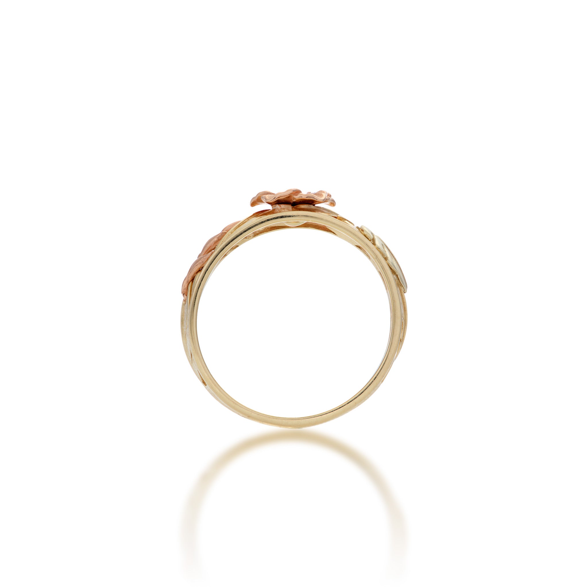 Side view of the 8mm Hawaiian Gardens Hibiscus Ring in 14k Yellow, Rose, and Green Gold with Diamonds against white