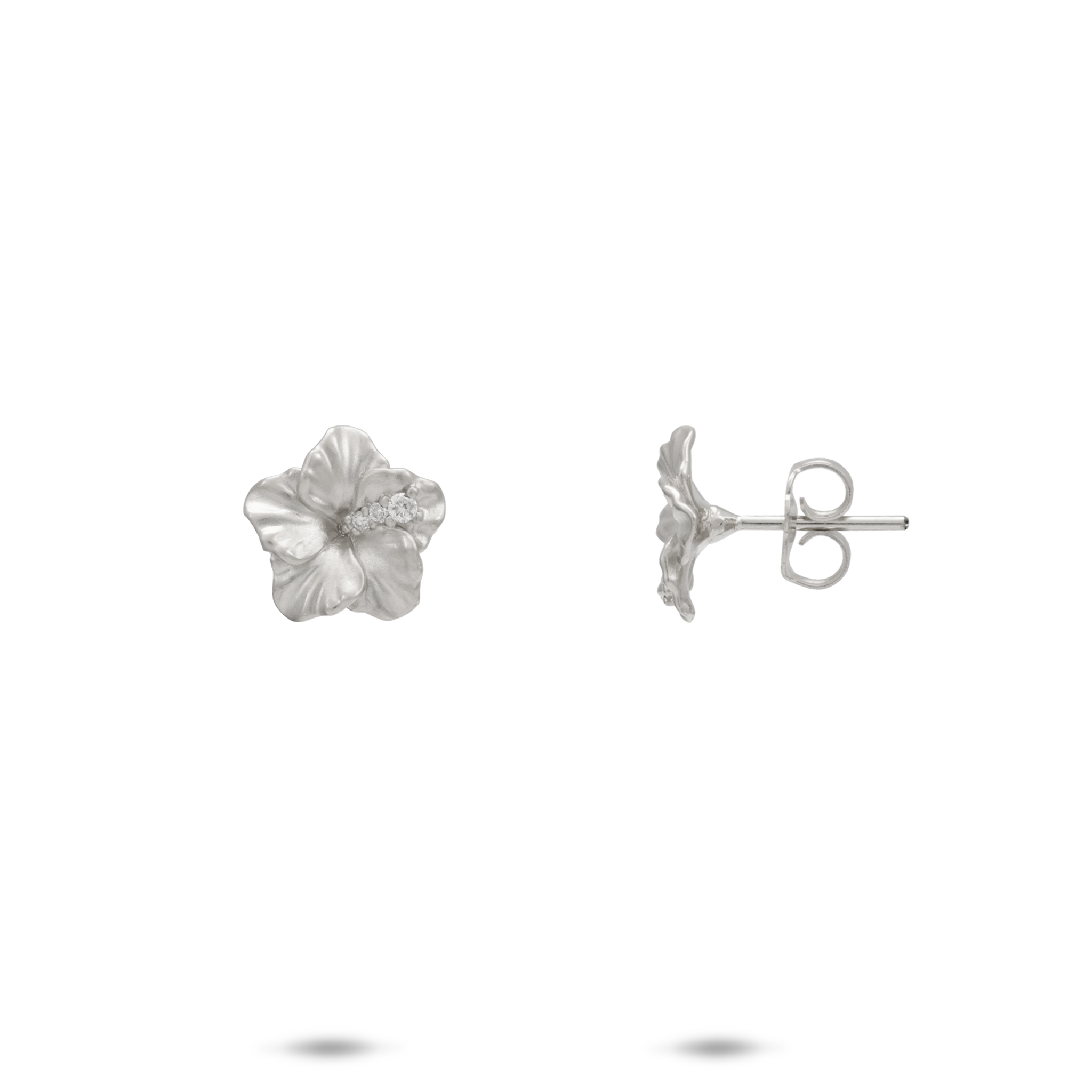 Hawaiian Gardens Hibiscus Earrings in White Gold with Diamonds - 9.5mm
