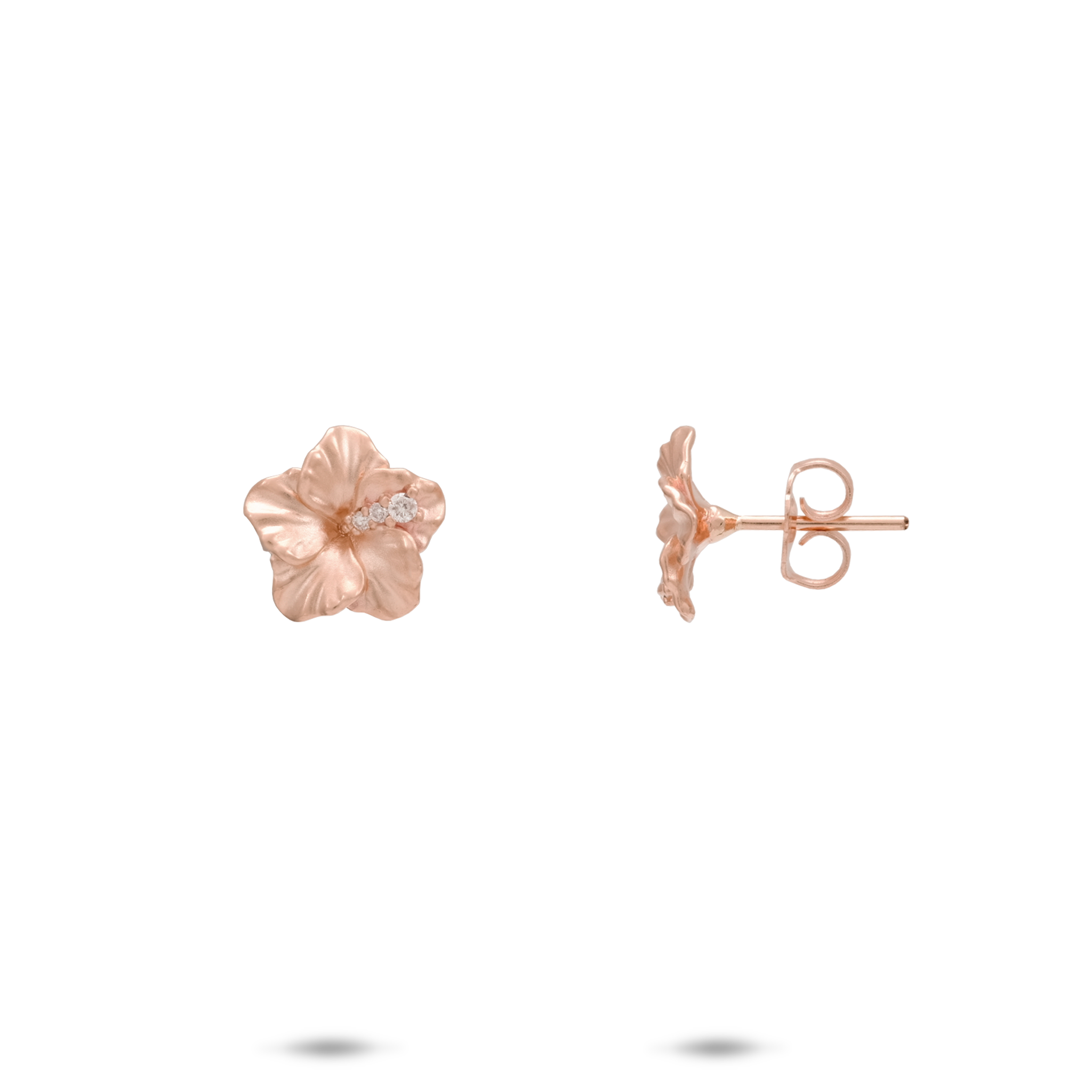 Hawaiian Gardens Hibiscus Earrings in Rose Gold with Diamonds - 9.5mm