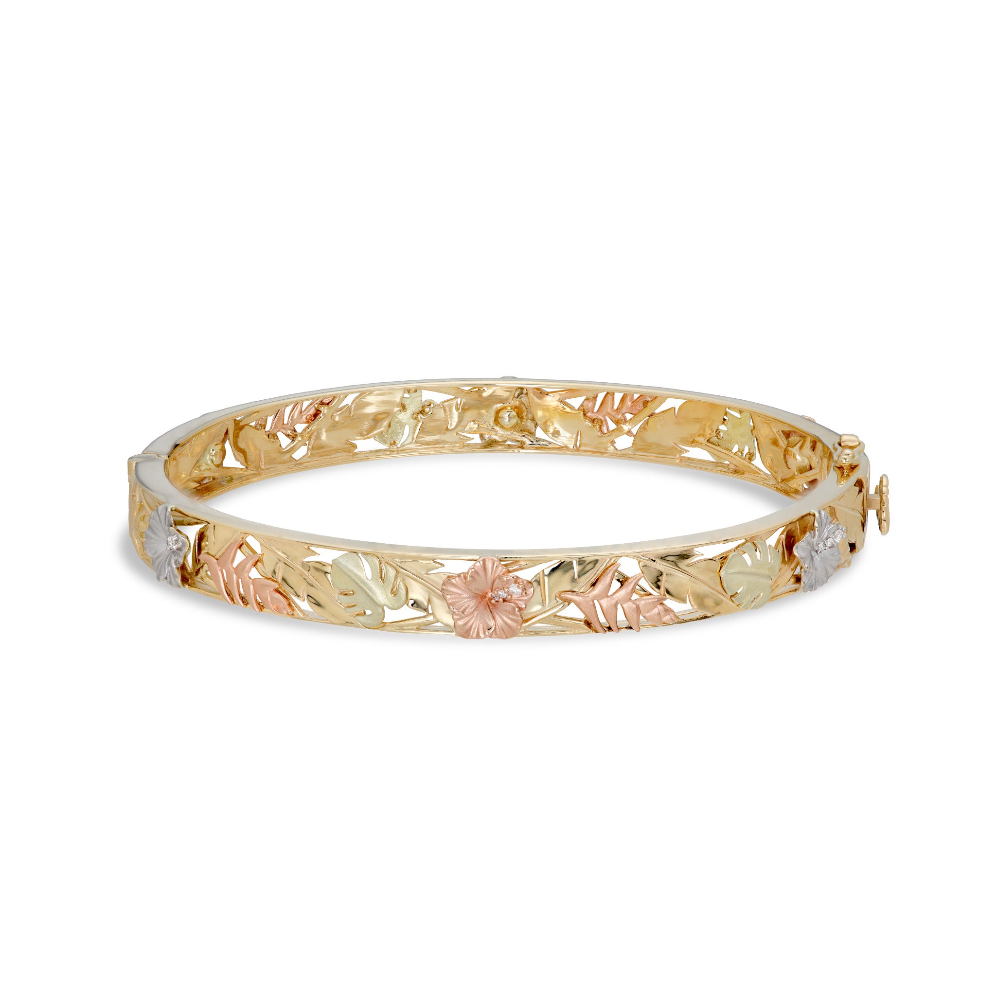 Hawaiian Gardens Collection Hibiscus, Heliconia, Banana Leaf, and Monstera Hinge Bracelet in 14k Rose, White, Yellow, and Green Gold with Diamonds