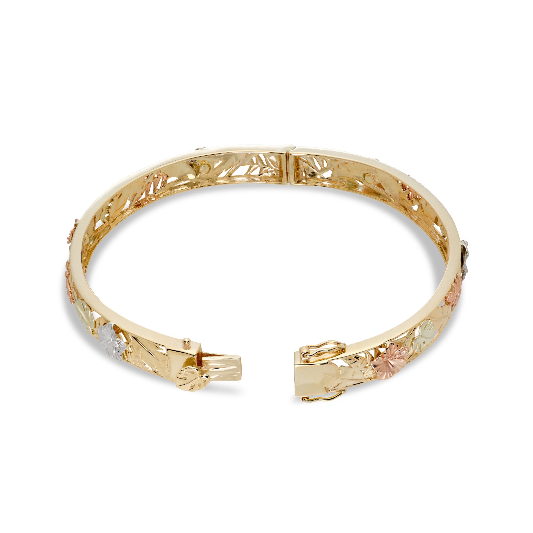 Open clasp of Hawaiian Gardens Hinge Bracelet in 14k Rose, White, Yellow, and Green Gold with Diamonds against white