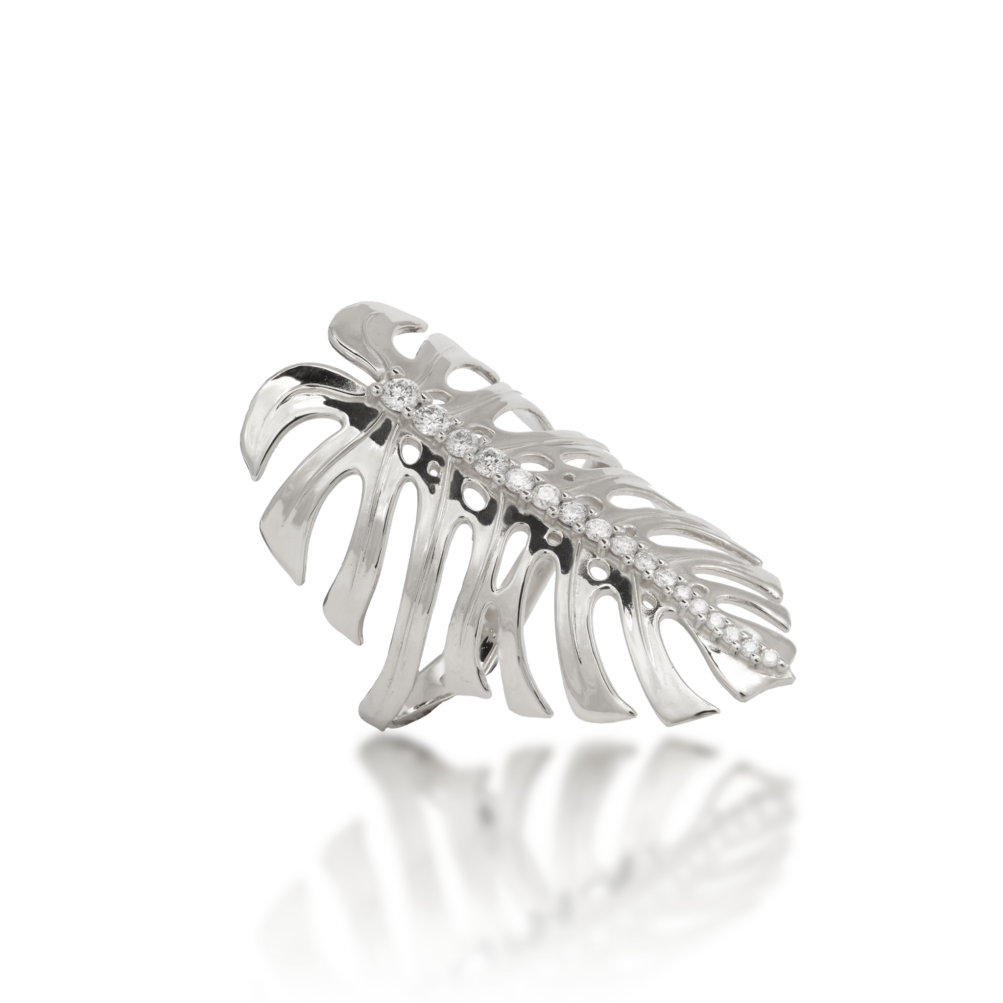 Monstera Ring in White Gold with Diamonds - 32mm