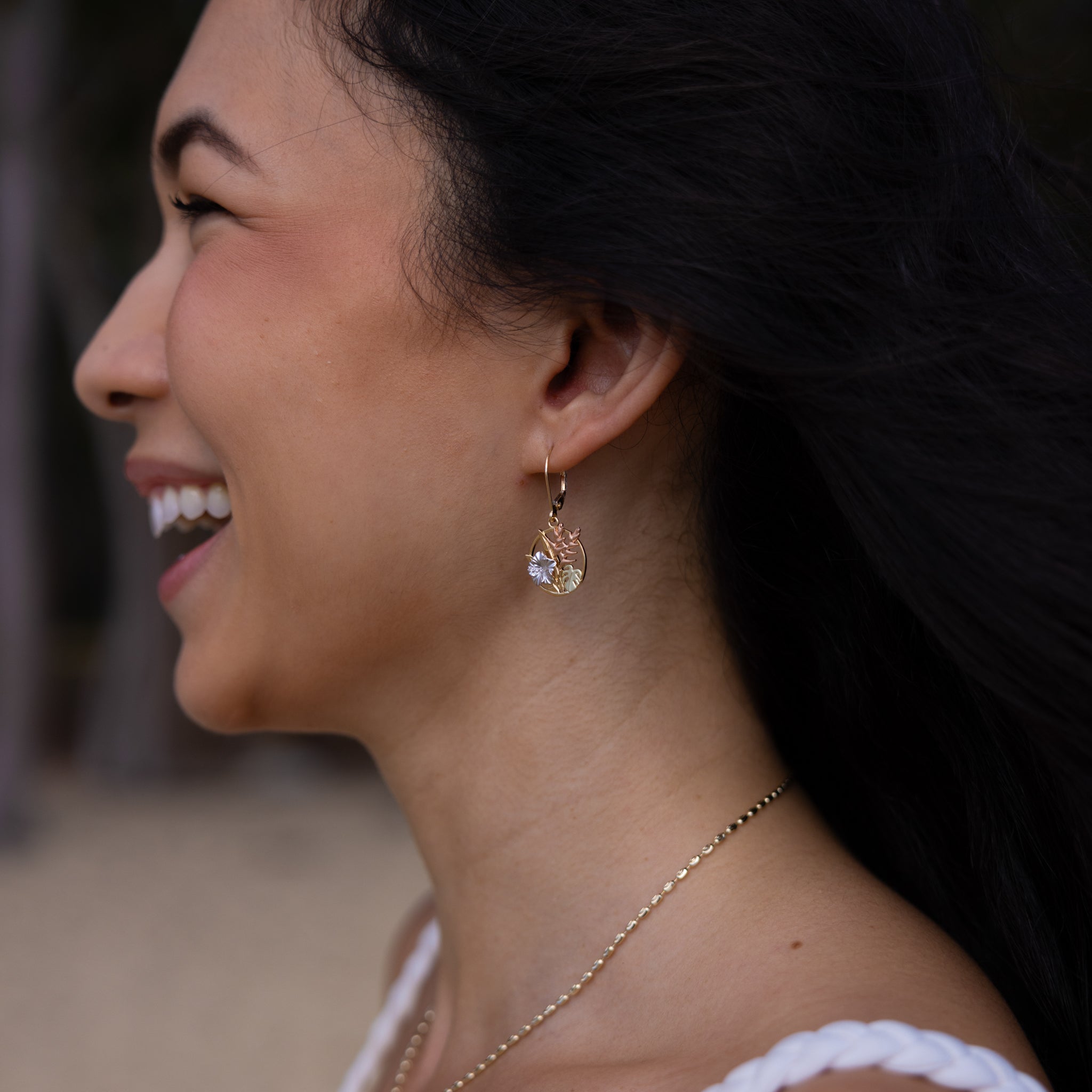 Hawaiian Gardens Hibiscus Earrings in Four Tone Gold with Diamonds - 15mm