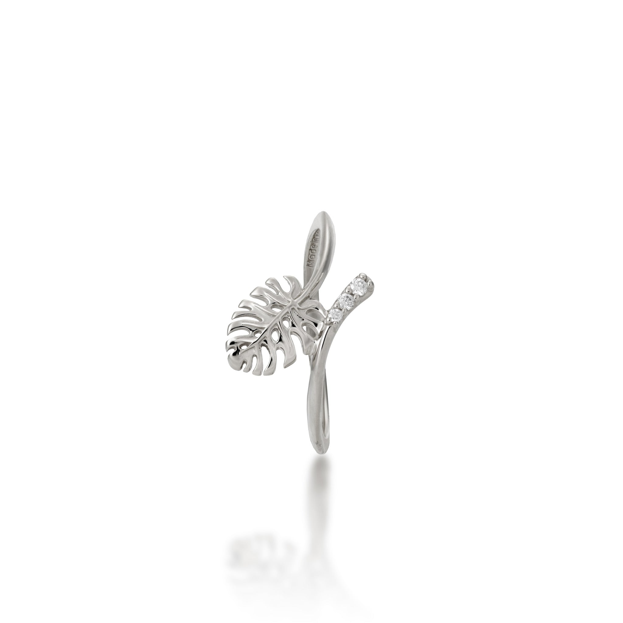 Top view of the 9mm Monstera Ring in 14k White Gold with Diamonds on a white background