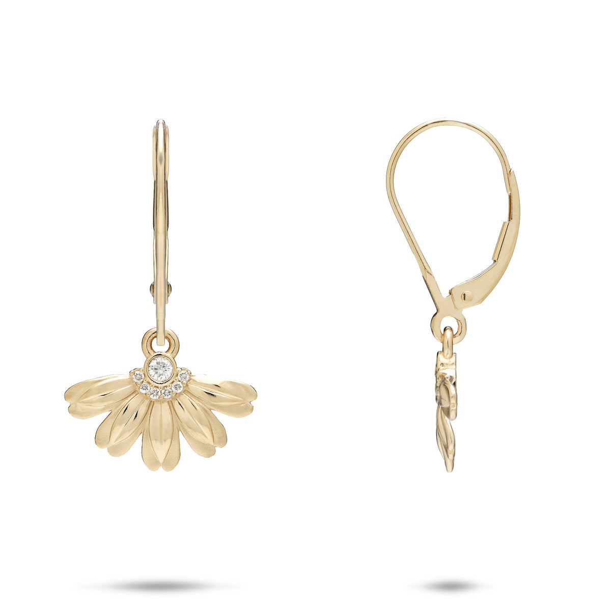 A pair of 14k yellow gold leverback earrings with a beach naupaka flower design with satin and high-polish petals, and  center diamonds with a row of curved diamonds around it, shown with a front and side profile view, against a white background