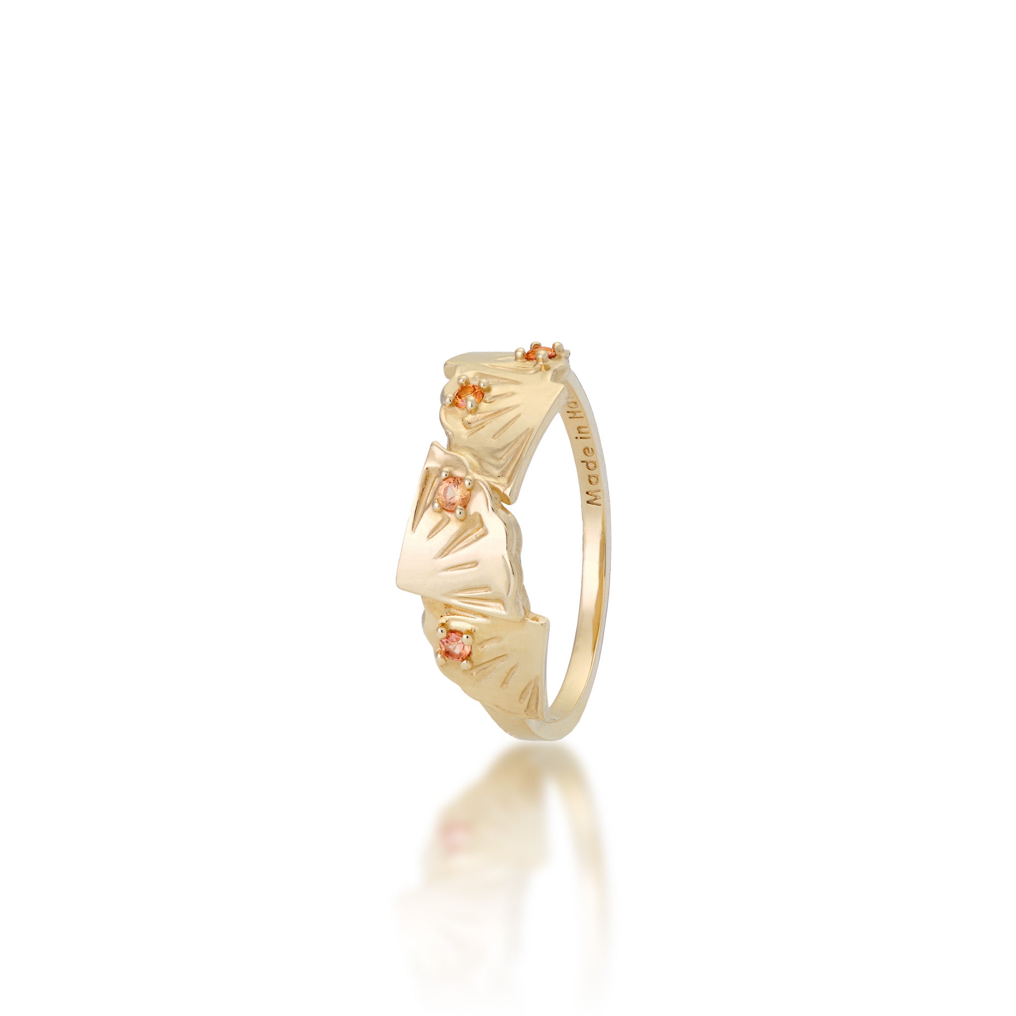 Pineapple Slice Ring in 14k Yellow Gold with Orange Sapphires on a White Background