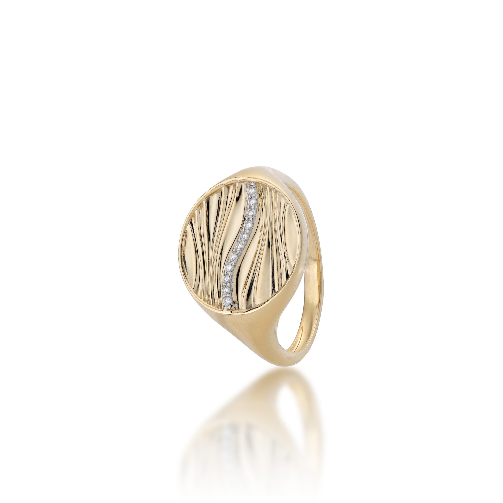 Angle view of the 14mm Ocean Sand Signet Ring in 14k Yellow Gold with Diamonds on a white background