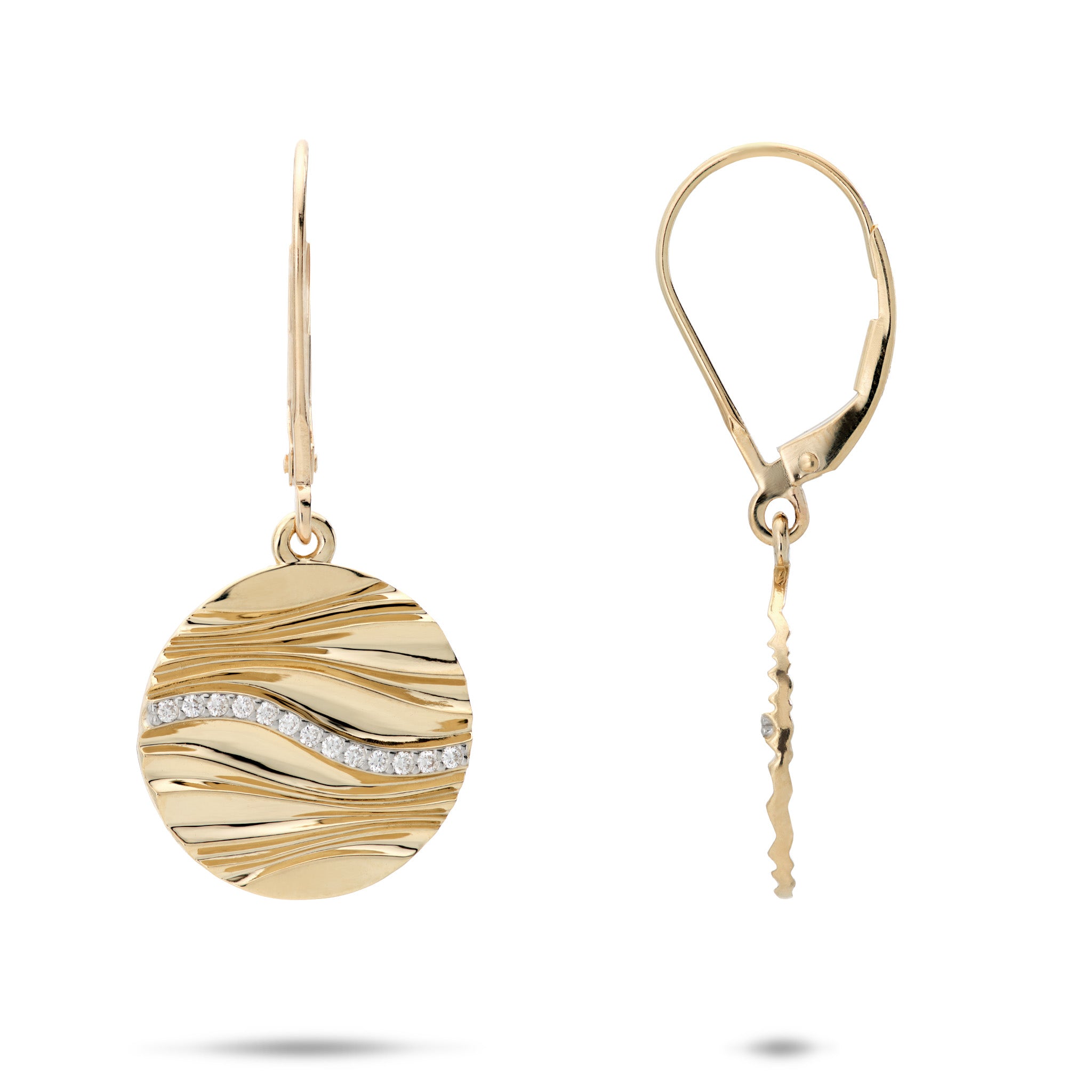 16mm Ocean Sand Round Leverback Earrings in 14k Yellow Gold with Diamonds  on a white background