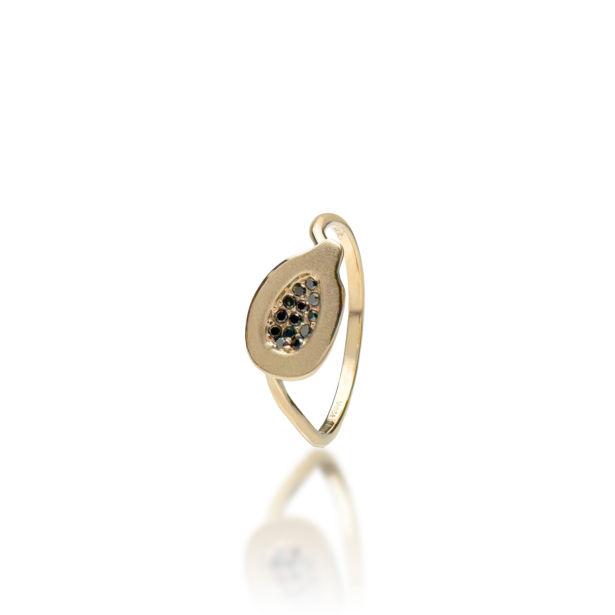 Cute Fruits Collection Papaya Black Diamond Ring in 14k yellow gold with a satin-finish and high-polish edges and band on a white background