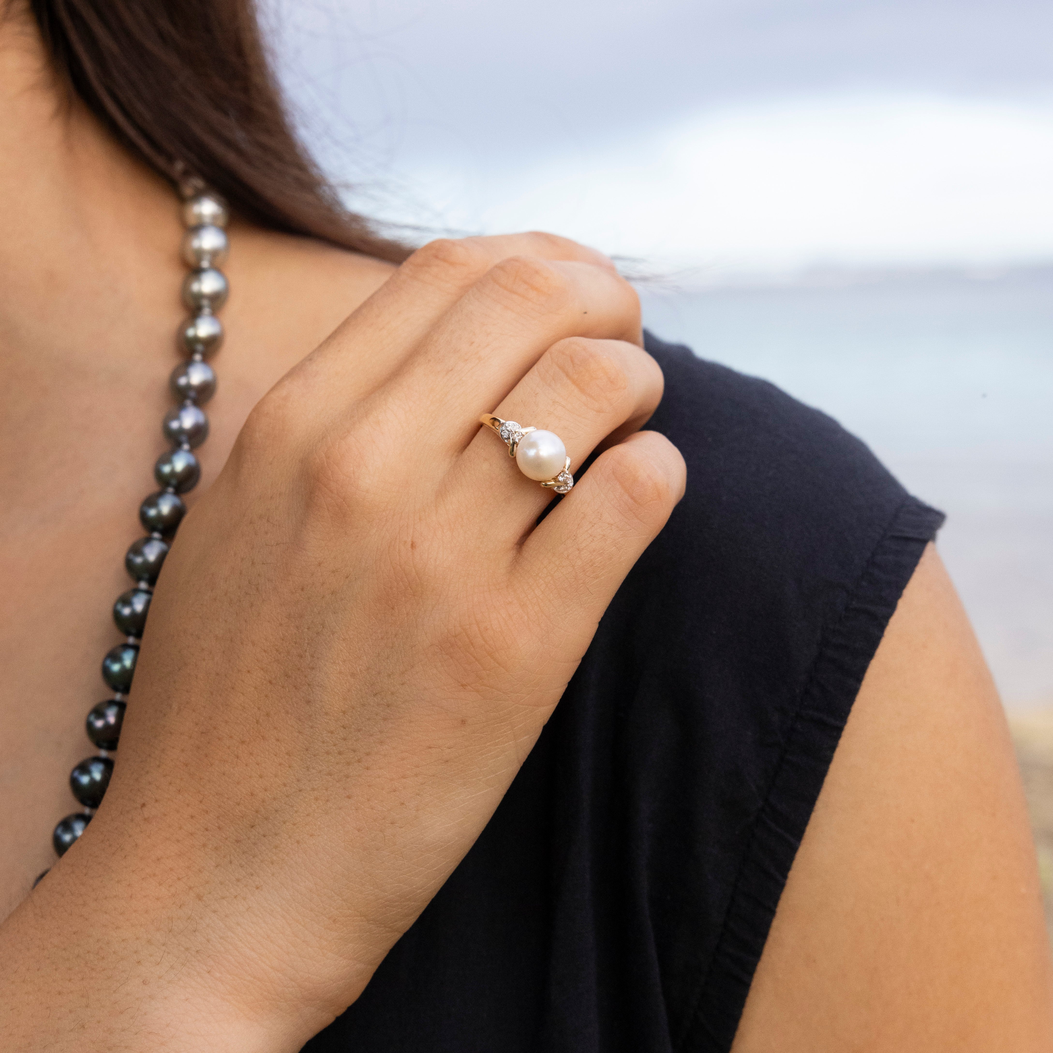 Freshwater White Pearl Ring in White Gold with Diamonds - 8-9mm