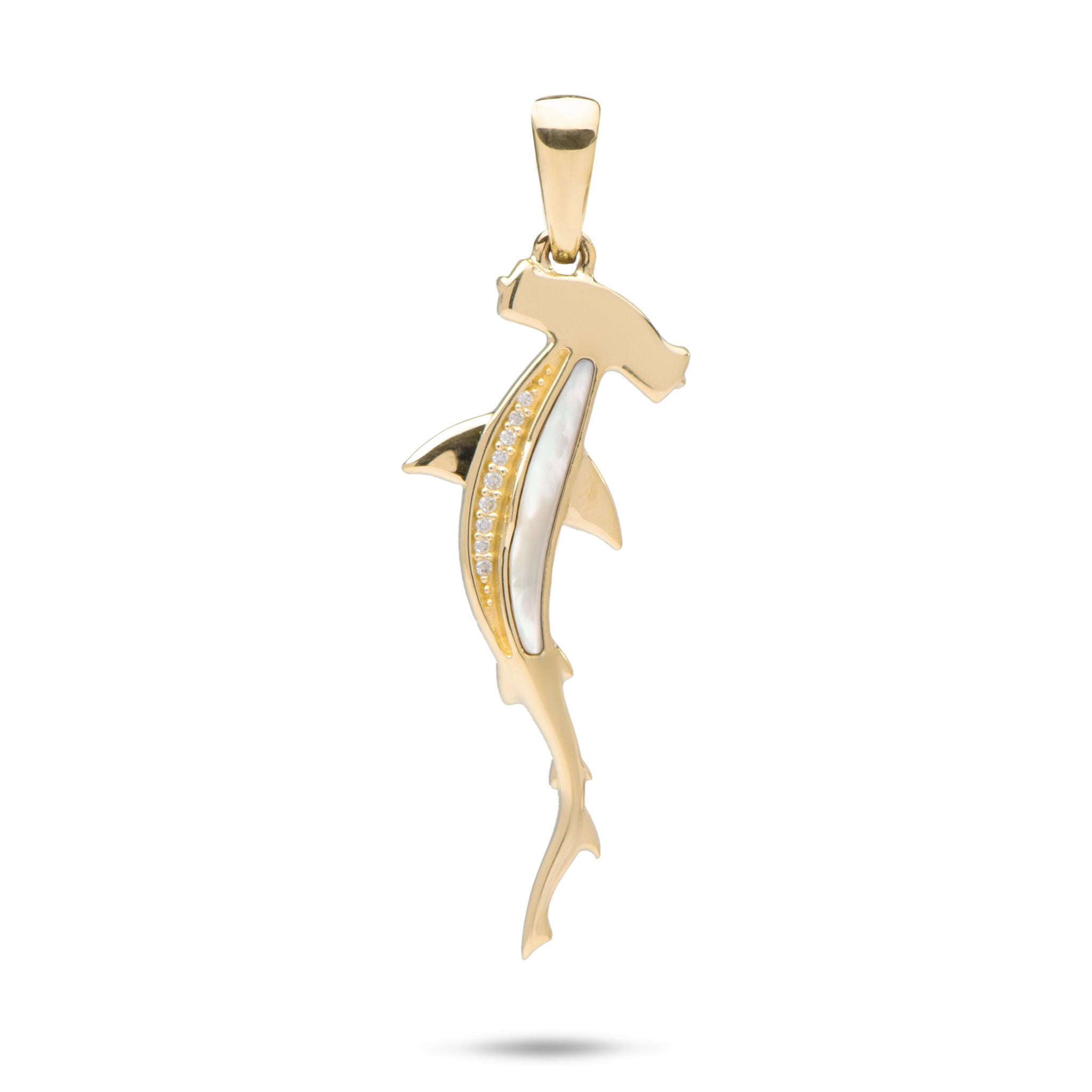 Sealife Hammerhead Shark Mother of Pearl Pendant in Gold with Diamonds - 34mm