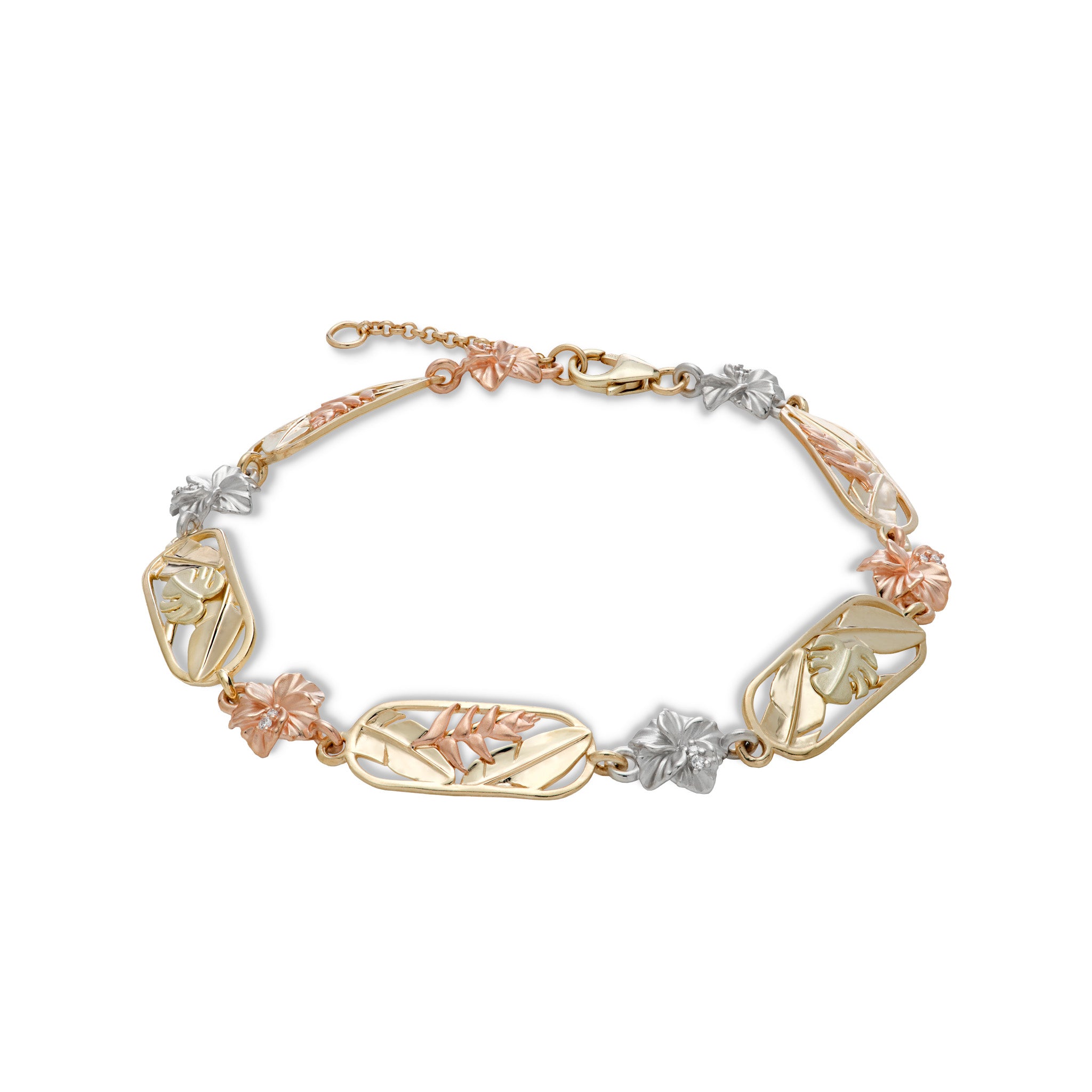 Front view of a Hawaiian Gardens Link Bracelet in Yellow, White, Rose and Green Gold with Diamonds against white