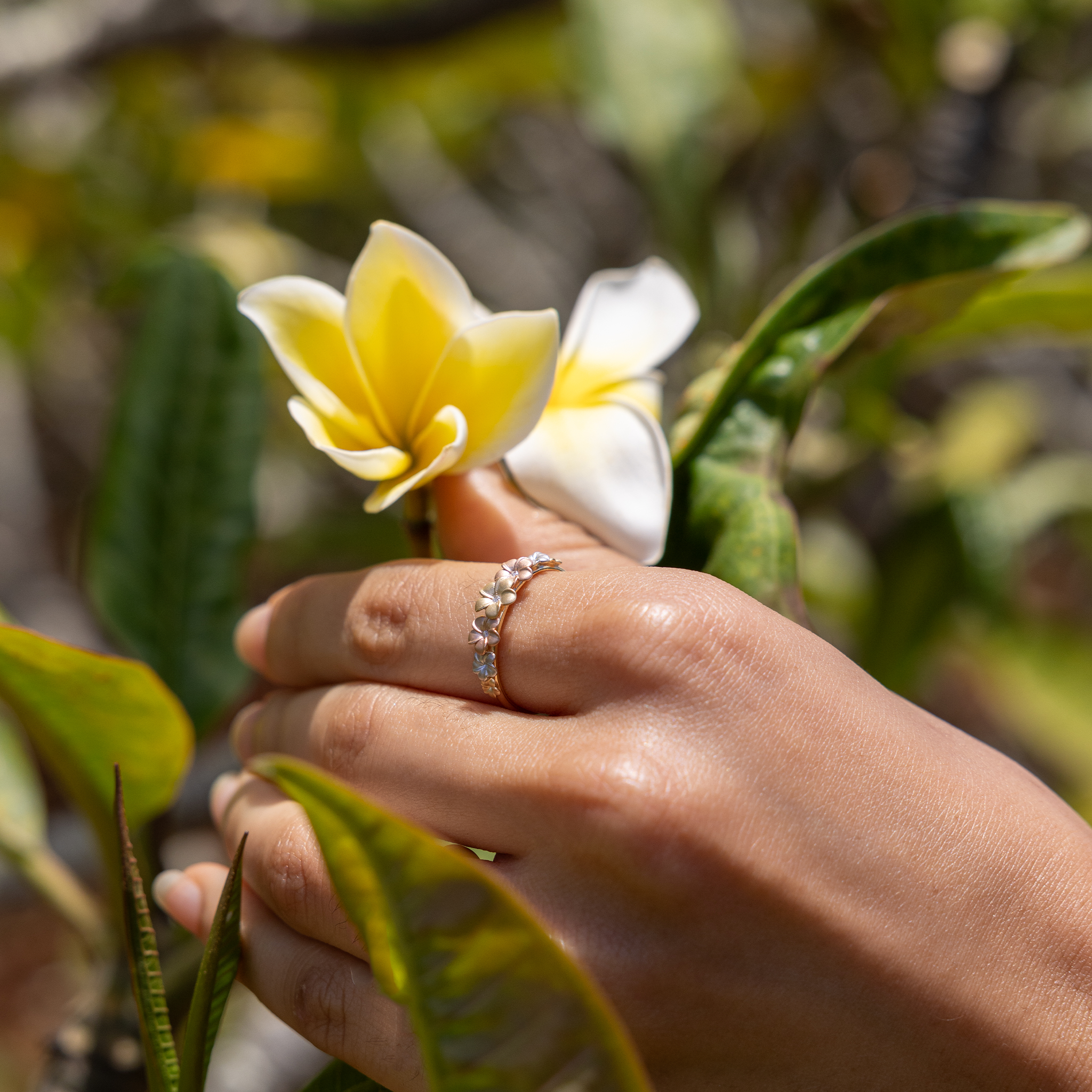 Plumeria Ring in Tri Color Gold with Diamonds - 6mm