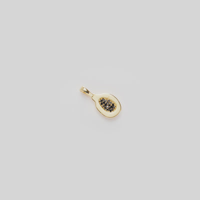 Close-up video of a Cute Fruits Papaya Pendant in 14k Yellow Gold with Black Diamonds rotating on a white background
