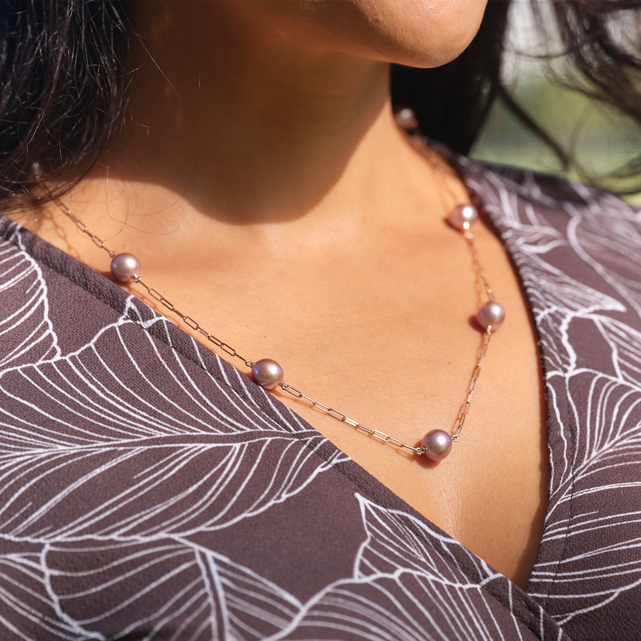 Adjustable 24" Ultraviolet Freshwater Pearl Paperclip Chain Necklace in Rose Gold