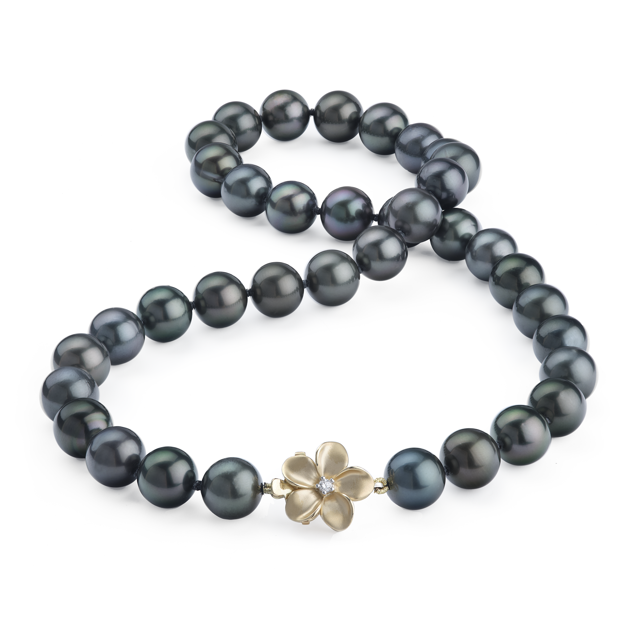 18-19" Tahitian Black Pearl Strand with Diamond Plumeria Clasp in Gold - 11-12mm